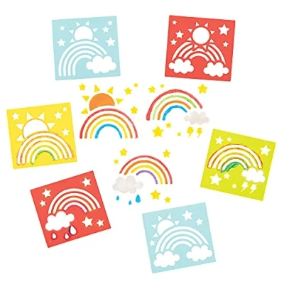 Image of Baker Ross AX937 Rainbow Craft Stencils Pack of 8, Plastic for Children, Art Set Kids to Create and Design Themed Books, Cards Pictures