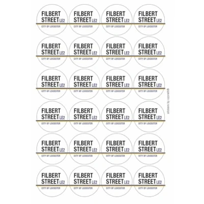 Image of Filbert Street City of Leicester LE2 Road Sign Circular Matt Paper Stickers A4 Sheet 24 (Each Sticker is 45mm Diameter)