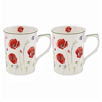 Image of The Leonardo Collection LP94597 Poppy Field Mugs (Set of 2), Fine China, Boxed