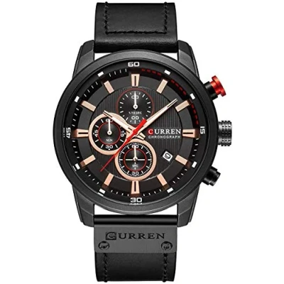 Image of Mens Leather Strap Watches Classic Casual Dress Stainless Steel Waterproof Chronograph Date Analog Quartz Watch (Black), black, sports