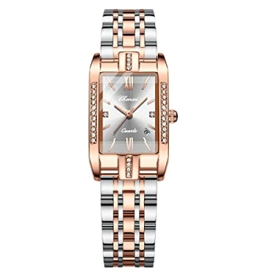 Image of JewelryWe Women Watches Square Rhinestone Analog Quartz Calendar Watch Stainless Steel Business Casual Wristwatch