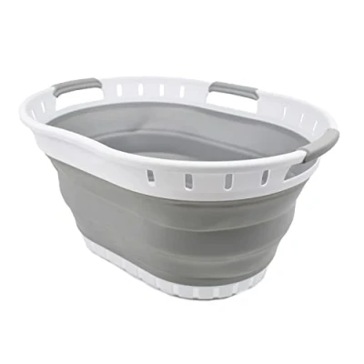 Image of SAMMART 25L Collapsible Plastic Laundry Basket Foldable Pop Up Storage Container/Organizer Portable Washing Tub Space Saving Hamper/Basket (White/Grey)