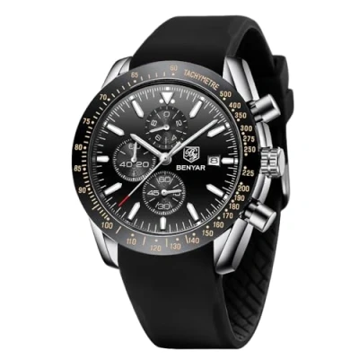 Image of BY BENYAR Watches for Men Analog Quartz Chronograph Waterproof Luminous Designer Mens Wrist Business Work Sport Casual Dress Watch with Silicone Strap Elegant Unique Gifts