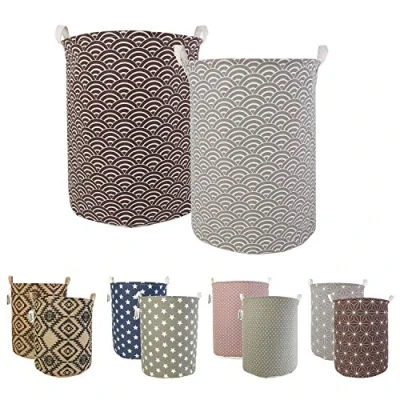 Image of LessMo 2Pcs 17.7&quot; Laundry Hamper, Collapsible Storage Basket With Easy Carry Handles, Waterproof Round Cotton Linen, for Baby Products, Toys, Bedroom Hamper