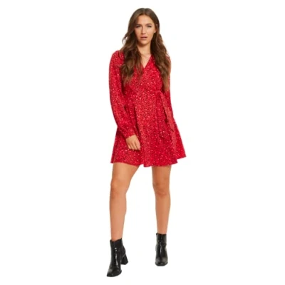 Image of Liquorish Heart Print MINI WRAP WITH LONG Sleeves Day dress, Women&#039;s, Size: 8, Red