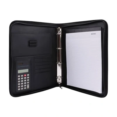 Image of Genie Exclusive 10742 A4 Writing Case with Ring Binder and Calculator/Durable Plastic/Leather Effect/Zip/Includes Notepad Pen Holder/Black