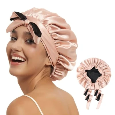 Image of Hat Hut Satin Bonnet Silk for Sleeping Cap Curly Hair Women Double Layer Reversible with Tie Band (Pink/Black)