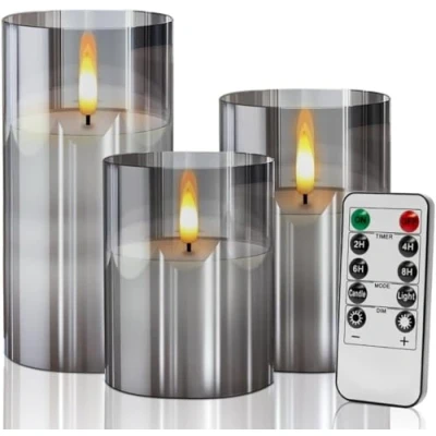 Image of Gray Glass flameless Candles Flickering with Remote, Moving Wick Battery Operated Realistic Warm Light Candle, for Party Wedding Festival Tabletop Decoration, Set of 3