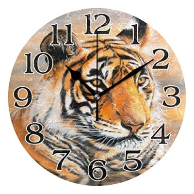 Image of linomo Vintage Tiger Wall Clock Decor, Silent Non Ticking Round Quiet for Kitchen Living Room Bedroom Bathroom Office