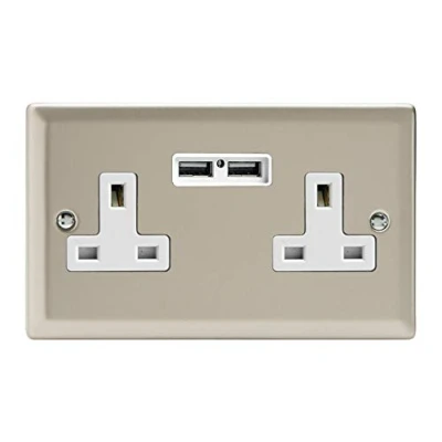 Image of Varilight 2 Gang, 13 Amp Unswitched Socket with Optimised USB Charging Ports, White Insert. Classic Satin Chrome