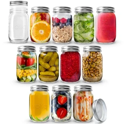 Image of volila Glass Mason Jars with Lids 490ml Leakproof for Airtight Seal, Overnight Oats Round Jar Silver Screw Lid Salad, Pickling, and Canning (12 Pack)