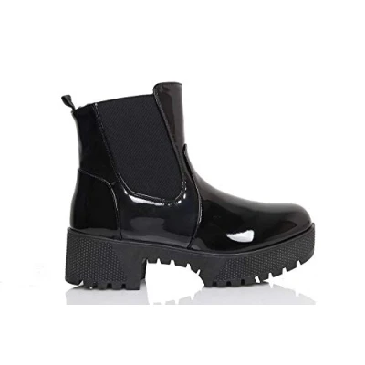 Image of Women Ladies Chunky Block High Heel Platform Zip Up Chelsea Ankle Biker Boots Shoes (Black Patent, Numeric_3)