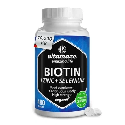 Image of Biotin Hair Growth 10.000 mcg Complex with Selenium and Zinc 480 Days Supply for Hair, Skin Nails Vegan Tablets German Quality Vitamaze®