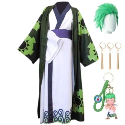 Image of HSJZBQSM Roronoa Zoro Cosplay Costume Earring Kimono Cloak Wig Suits Halloween Party One Piece Anime (Green+Wig, 3XL)