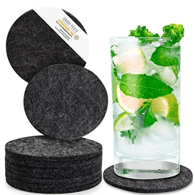 Image of Miqio® Design Glass Coaster Felt and Leather Coasters Set of 10 for Drinks with Genuine Appliqué Easily Washable Sound Absorbing Cup Mats