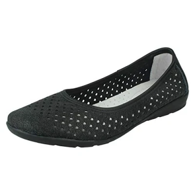 Image of Ladies Eaze Flat Casual Ballerinas F80505 Black Leather UK Size 5 EU 38 US 7