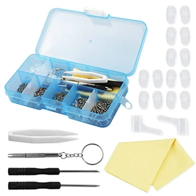 Image of 500 Pcs Eyeglass Sunglass Glasses Repair Tool Kit, Spectacle Screwdriver Set Mini Screwdriver, Screws Nuts, Silicone Nose Pads, Tweezer, Cloth Assortment
