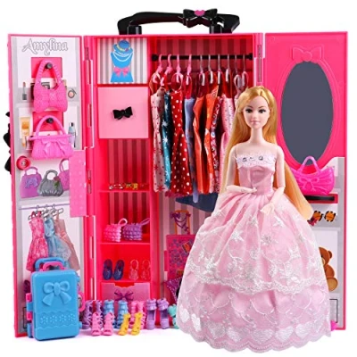 Image of UCanaan Doll Closet Wardrobe Set for Clothes (Also Suitable 11.5 Inch Girl Dolls), 51 Pcs Accessories Included Fashion Doll,Dresses, Shoes, Bags, Hangers and Stand
