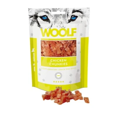 Image of WOOLF Chunkies Complimentary Snacks for Dogs. Dog Treats with Natural Ingredients and High Meat Content, Balanced Nutrition, Free from Artificial Additives. Suitable Puppies (Chicken, 100g)