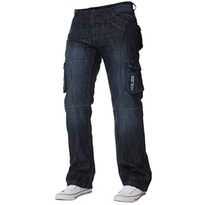 Image of Kruze Mens Cargo Combat Work Trousers Pants Denim Jeans Big &amp; Tall Waist Sizes (36W X 32L, Dark Stonewash)