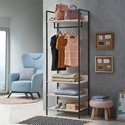 Image of Timber Art Design UK Zahra Double Open Wardrobe with 4 Shelves &amp; Hanging Rail Modern Furniture Storage Organizer Bedroom, Living Room,Ash Oak Effect 180 cm x 63.8 40