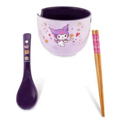 Image of Silver Buffalo Sanrio Kuromi 20 Ounce Ramen Bowl With Chopsticks and Spoon