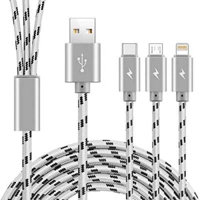 Image of ASICEN Multi Charger Cable 3A, 3 in 1 Charging 10Ft, Multiple USB Nylon Braided with IP/Type C/Micro Connector for iPhone/Samsung Galaxy/Oneplus/Tablets/LG/Pixel/PS Grey