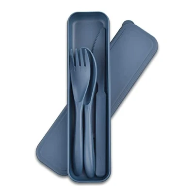 Image of Reusable Travel Portable Cutlery Set with Case, Plastic Knife Fork Spoon Set, Camping Utensils for Picnic Work School or Daily Use（Dark Blue)