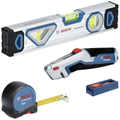 Image of Bosch Professional 13 Part Tool Set (with 25 cm Spirit Level, 5 m Measuring Tape, Utility Knife with Retractable Blade and 10 Set)