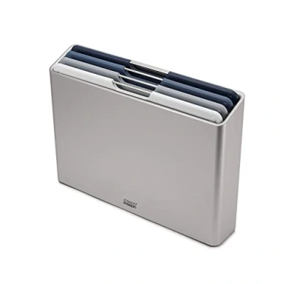 Image of Joseph Folio Editions 4 piece colour coded Chopping Board Set, slimline case for organised storage, Large Blue/Grey