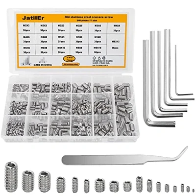 Image of JatilEr 540Pcs Grub Screws Set, Metric Hex Screw Mixed M2 M3 M4 M5 M6 M8, Allen Key Assorted Stainless Steel Cup Point Kit with 6 Wrenches
