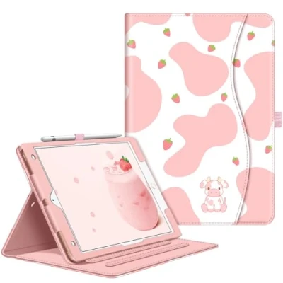 Image of Fintie Case for iPad 9th / 8th 7th Generation (2021/2020/2019) 10.2 Inch [Corner Protection] Multi Angle Viewing Stand Cover with Pocket &amp; Pencil Holder, Auto Sleep Wake, Strawberry Cow