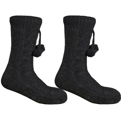 Image of Sock Stack Womens Chunky Lounge Slipper Socks Boots Fluffy Lining Non Slip Soles With Pom Poms Winter Gift 4 8, Black