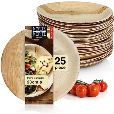 Image of Moritz &amp; 25x Disposable Palm Leaf Plates Round Ø 20cm Biodegradable Compostable Eco Friendly Like Bamboo Plates, Wooden Paper