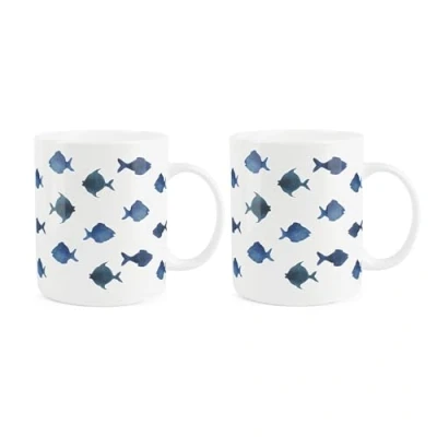 Image of Purely Home Blue Fish Mugs Set of 2 Aquatic Sealife Themed Gifts/Presents White Bone China Coffee/Tea Hot Drinks Cups