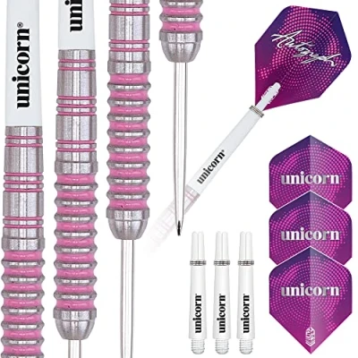 Image of Unicorn Steel Tip Darts Set Autograph Series Style 1 80% Natural Tungsten Barrels with Pink Accents 26 g