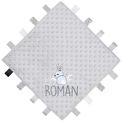 Image of TeddyT&#039;s Personalised Bunny Rabbit Baby Taggy Blanket Comforter Gift (Grey)