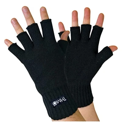 Image of THMO Mens Black 3M Thinsulate Insulation Lined Fingerless Gloves for Touch Screen (M/L, Black)