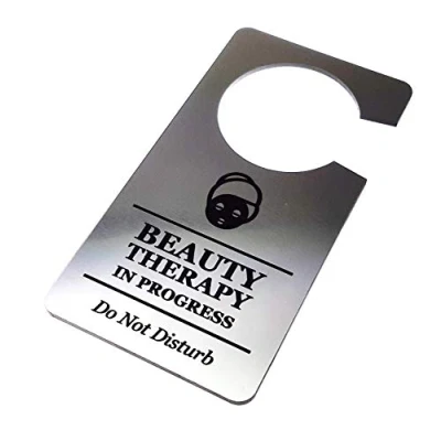 Image of OriginDesigned Beauty Therapy Treatment in Progress Do Not Disturb Room Door Hanger Sign Silver Acrylic for Hotels, B&amp;Bs and Lodges