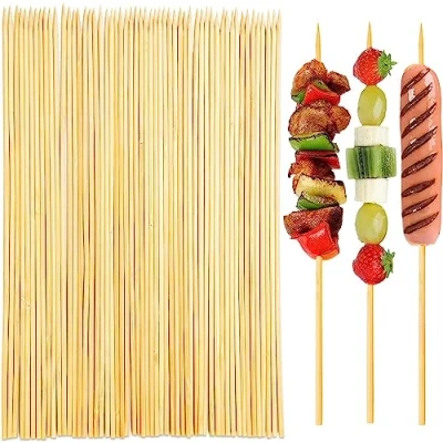 Image of CreationsMart Wooden Skewers, Pack of 150 30cm*3mm Mini Bamboo Food Sticks for Sausage, Chocolate Fountain, BBQ, Kebab, Fruit, Cocktail, Appetizer