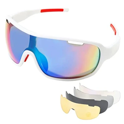 Image of SAWUTPV Polarized Cycling Glasses for Men Women UV400 Protection Sports Sunglasses with 5 Interchangeable Lenses Bike Goggles (BrightWhite)