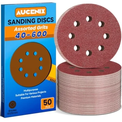 Image of Aucenix 50PCS 125mm Sanding Discs: 8 Holes (40/60/80/120/150/180/240/320/400/600) Assorted Grits Pads Hook and Loop Sandpaper Sheets for Random Orbital Sander Wall Metal Wood