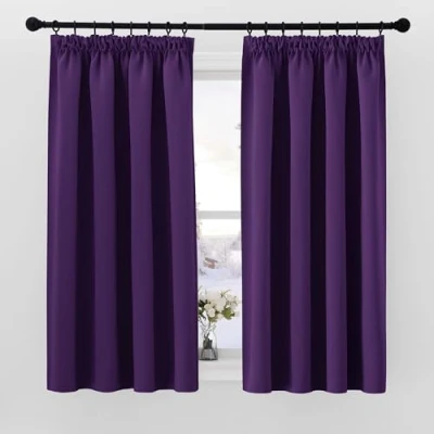 Image of PONY DANCE Short Purple Curtains for Bedroom Pencil Pleat Blackout Thermal 54 Inch Drop Window Treatment Pleated with Hooks Track, 2 Panels, W46 X L54,