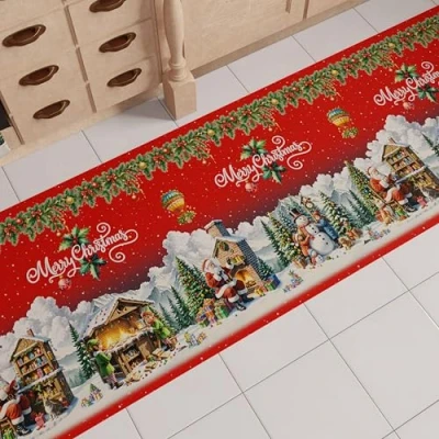Image of PETTI Artigiani Italiani Christmas Kitchen Rug, Runner, Non Slip and Washable 52 x 440 cm Santa Claus Village, Made in Italy