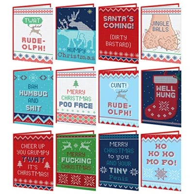Image of Brainbox Candy 12 Pack of Funny Rude Christmas Cards Knitwit Range Great Value Multipack For Him Her Men Women Friends Family Offensive Xmas