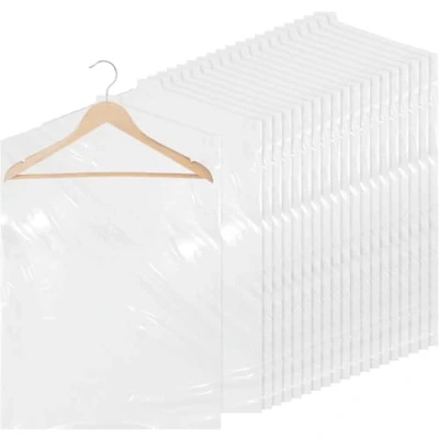 Image of DEWIN Disposable Plastic Clothes Covers, 50Pack Through Hanging Dust Proof Garment Bag, Dry Cleaning Covers for Suit, Evening Dress, Coat, Shirt.(60 x 90 cm)