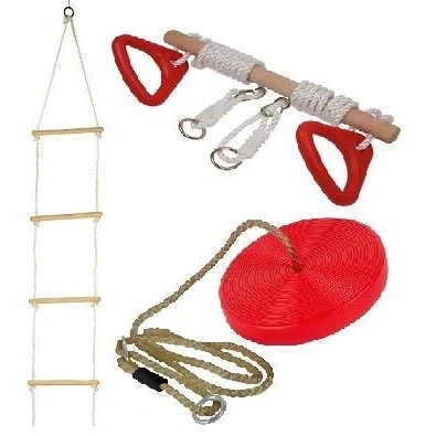 Image of Set Of Rope Ladder, Wooden Trapeze Swing &amp; Red Plate Seat Garden Toy