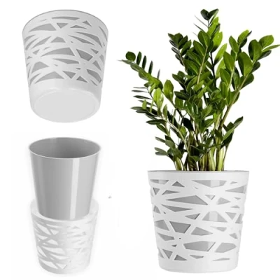 Image of KADAX Round Flower Pot, Lightweight Planter with Unique Design for Living Room, Plastic Indoor Plant Pot Houseplants, Herbs (⌀ 13 cm, Grey)