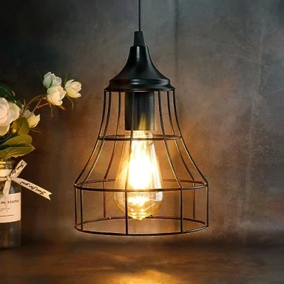 Image of JHY DESIGN Hanging Lamp Black Battery Powered Decorative Pendant Metal Cage with 6 Hours Timer for Bar Bedroom Garden Parties Patio Indoor Outdoor Living Room (Geometry)