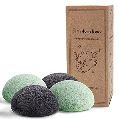 Image of myHomeBody Natural Konjac Facial Sponges for Gentle Face Cleansing and Exfoliation with Activated Charcoal Aloe Vera, 4pc. Set